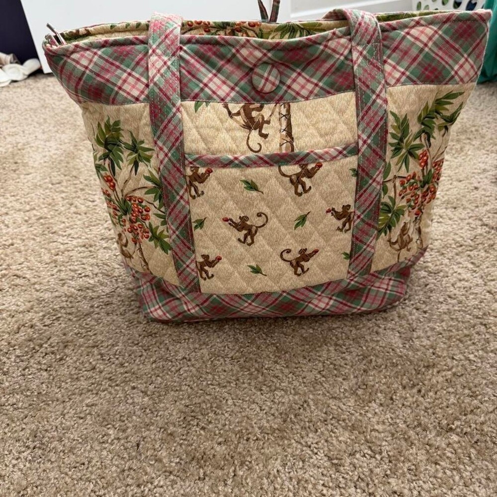 Vintage Ten Bears cotton tote bag with monkeys and foliage on a plaid background